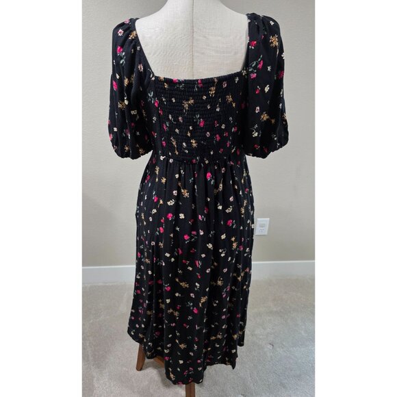 Floral Puff Sleeve Midi Dress With Pockets Black Multicolor - Picture 7 of 9
